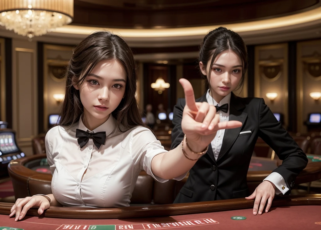 Draw a realistic young woman dressed as a croupier, wearing an elegant and well-fitted uniform. She should have her arms open in a welcoming gesture. In front of her, place a detailed and visible casino roulette wheel as part of the scene. The environment should evoke the sophisticated atmosphere of a luxury casino.