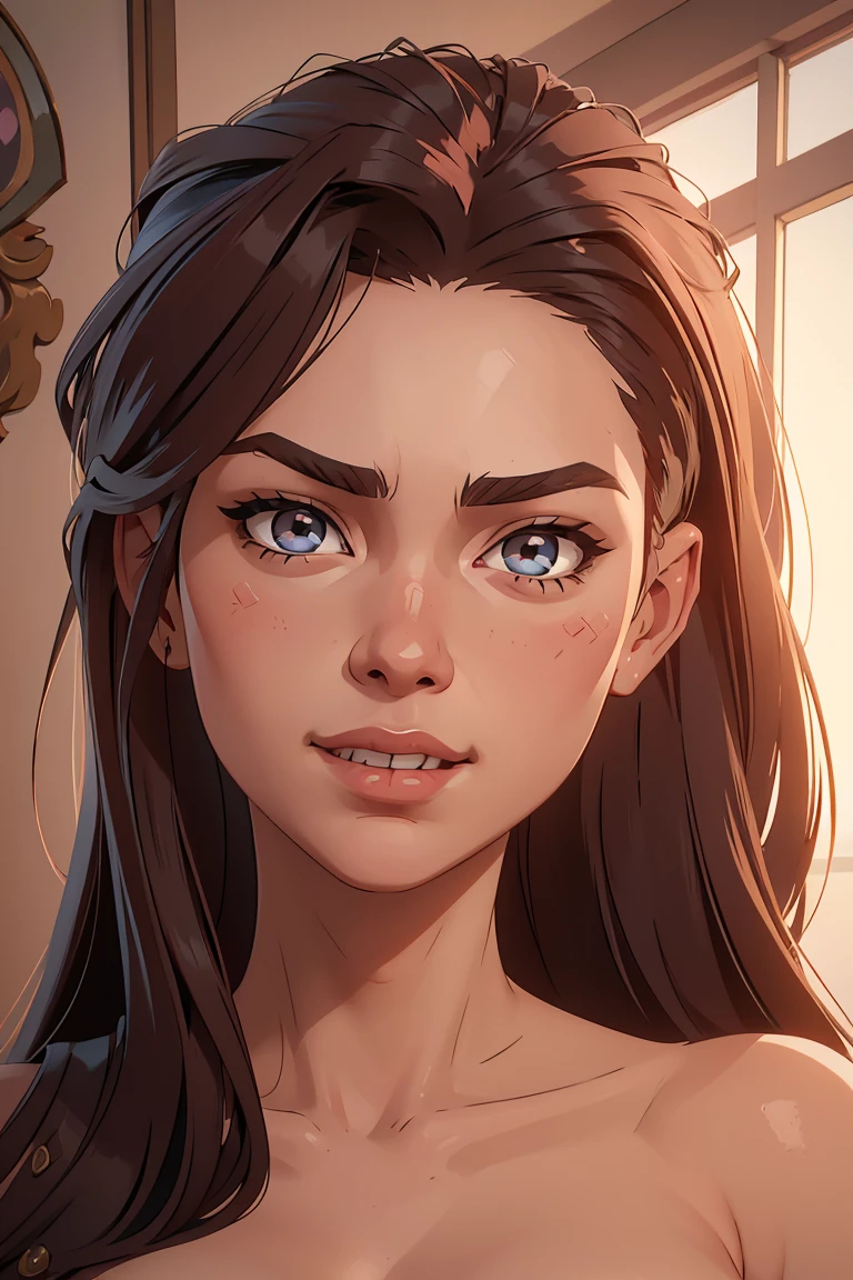Masterpiece, raw, beautiful art, professional artist, 8k, very detailed face, very detailed hair, 1girl, Kim Possible, perfectly drawn body, beautiful face, long hair, very detailed eyes, pouty lips, rosey cheeks, intricate details in eyes, looking straight at viewer , (nude), exaggerated grin