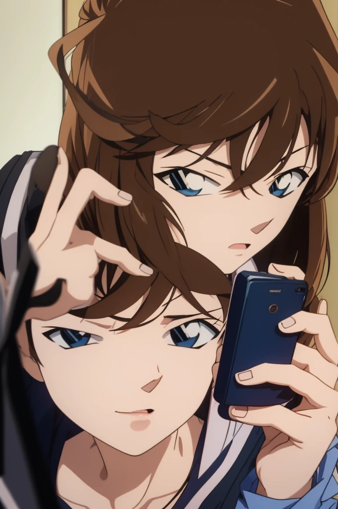 Brown-haired and blue-eyed anime girl holding a mobile phone, Sayori, Close-up of Iwakura Ren, Another close-up of Iwakura, Tornado, hints of Yaoi Haruma, Actress 👀 :8, Inspired by Okumura Tougyu, Aoyama Gangsho style, Kengetsu, Yaoi Haruma