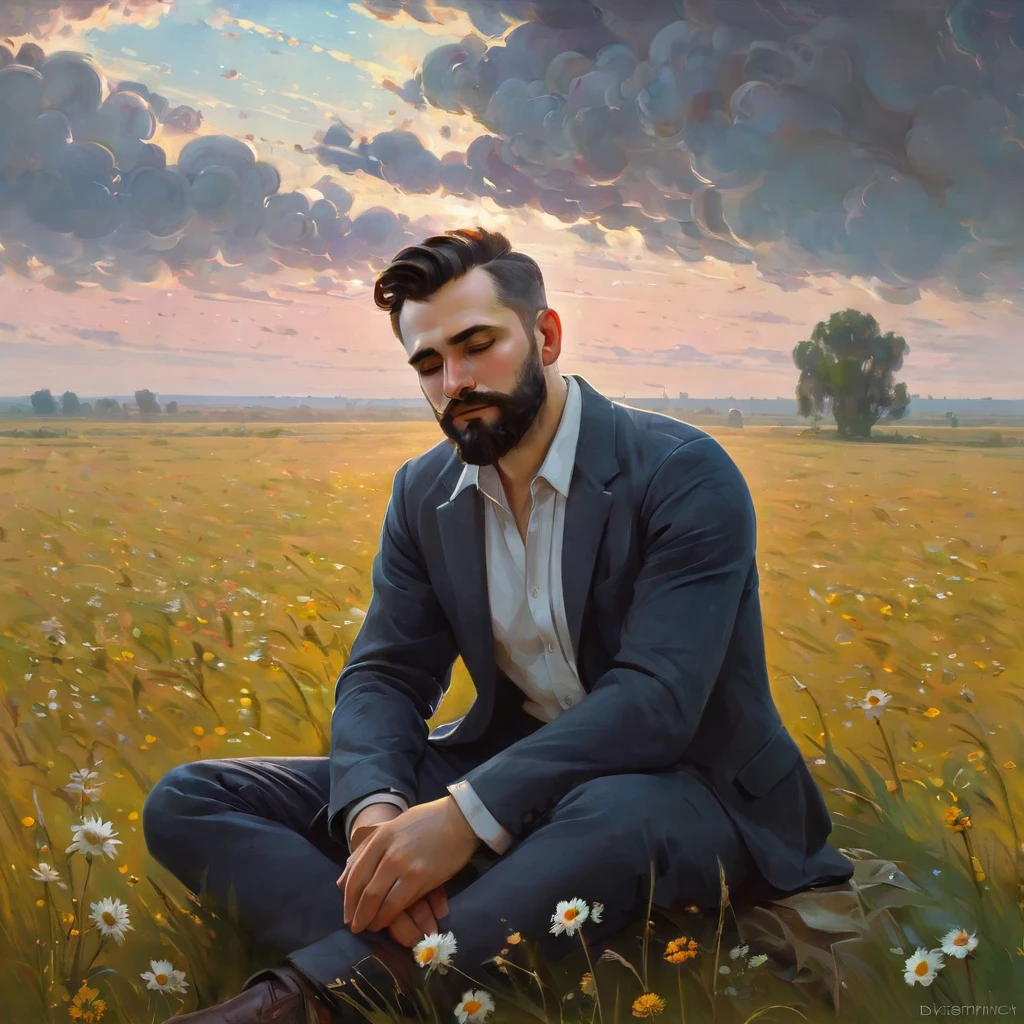 Levine, Konstantin Dmitrievich sad and dreamy in a field