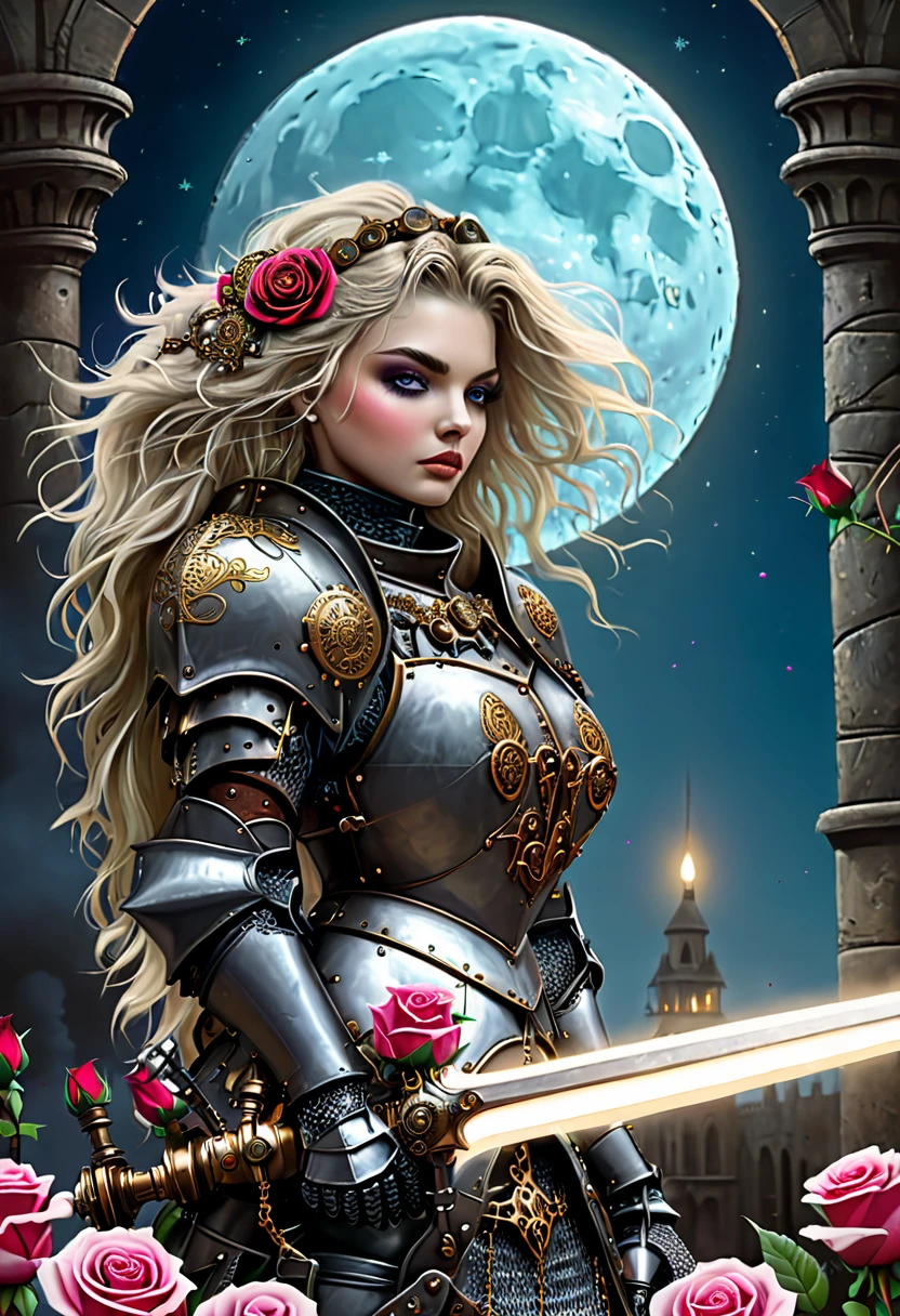 a high quality illustration of "The first knights, Flowers for the Faded, Moonchild, Punked Steam" featuring knights, flowers, moon, punk elements, steampunk, fantasy art, ethereal, vibrant colors, detailed, mystical, full moon, knights in armor, roses, chains, gears, lace, dark tones, moonlight, steam-powered machinery, glowing elements, surreal, dreamlike, digital painting, perfect eyes