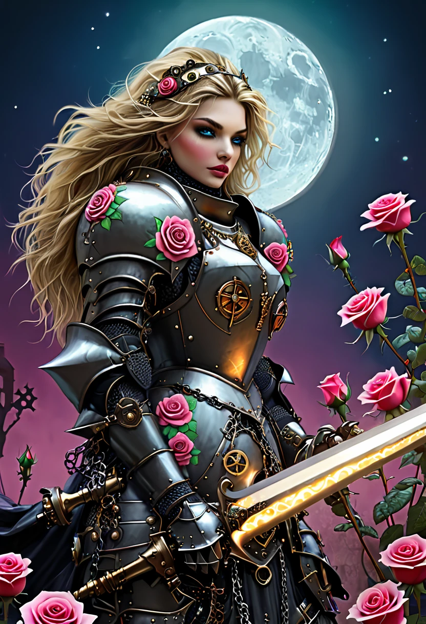 a high quality illustration of "The first knights, Flowers for the Faded, Moonchild, Punked Steam" featuring knights, flowers, moon, punk elements, steampunk, fantasy art, ethereal, vibrant colors, detailed, mystical, full moon, knights in armor, roses, chains, gears, lace, dark tones, moonlight, steam-powered machinery, glowing elements, surreal, dreamlike, digital painting, perfect eyes