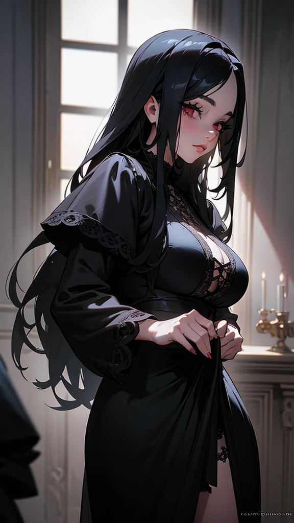 a 19 year old goth girl with long black hair, red eyes, large breasts, soft chubby thighs, standing in her bedroom, detailed face, beautiful detailed eyes, beautiful detailed lips, extremely detailed eyes and face, long eyelashes, black gothic fashion, dark and moody atmosphere, dramatic lighting, intricate details, cinematic composition, photorealistic, 8k, best quality, masterpiece