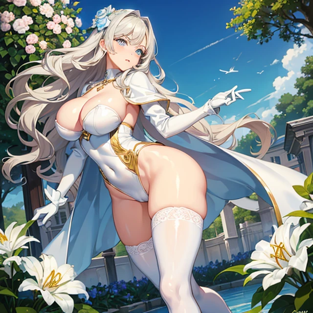 (masterpiece image, very detailed image, best high quality high definition image), solo character
1woman 40 years old beautiful swedish woman milf, fair skin, light blue eyes, wavy yellow gold hair, absolute beauty, aristocrat, wealthy powerful woman, serious face, big breasts, voluptuous figure, huge butt (headbang bith two flue flowers, silver necklace, white gloves, leotard, white blue pantihouse, gold high heel shoes,), walking around the garden