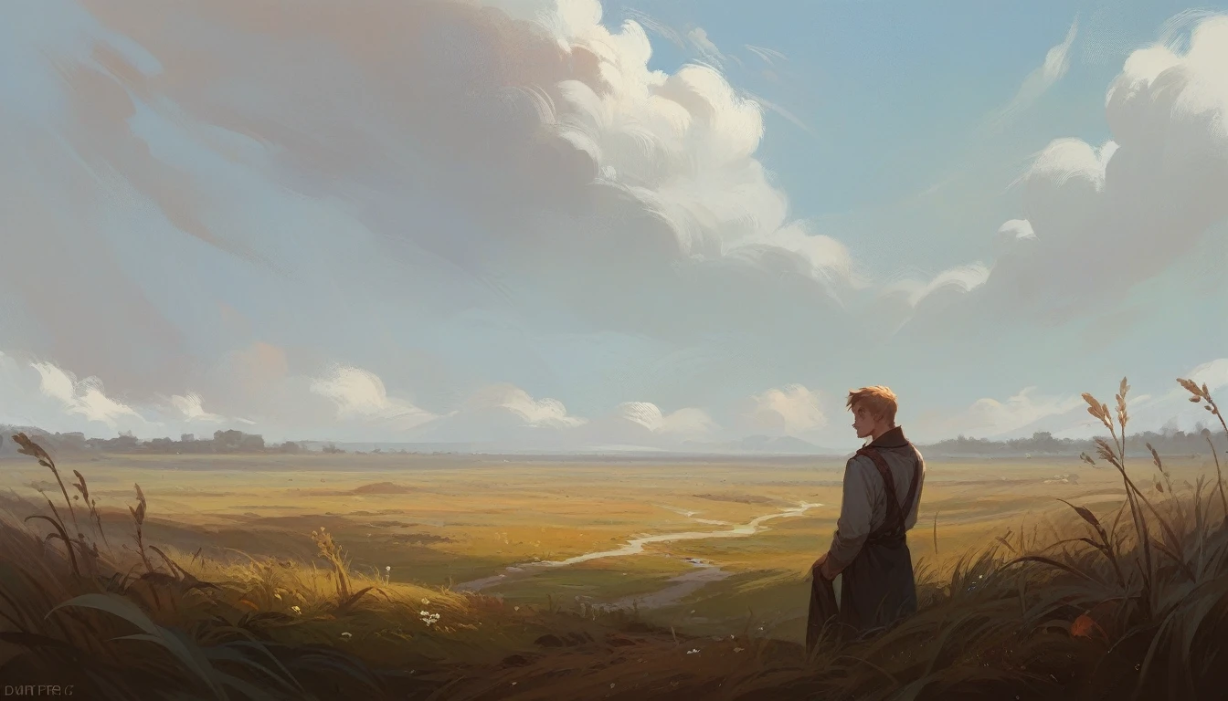 Levine, Konstantin Dmitrievich sad and dreamy in a field 
