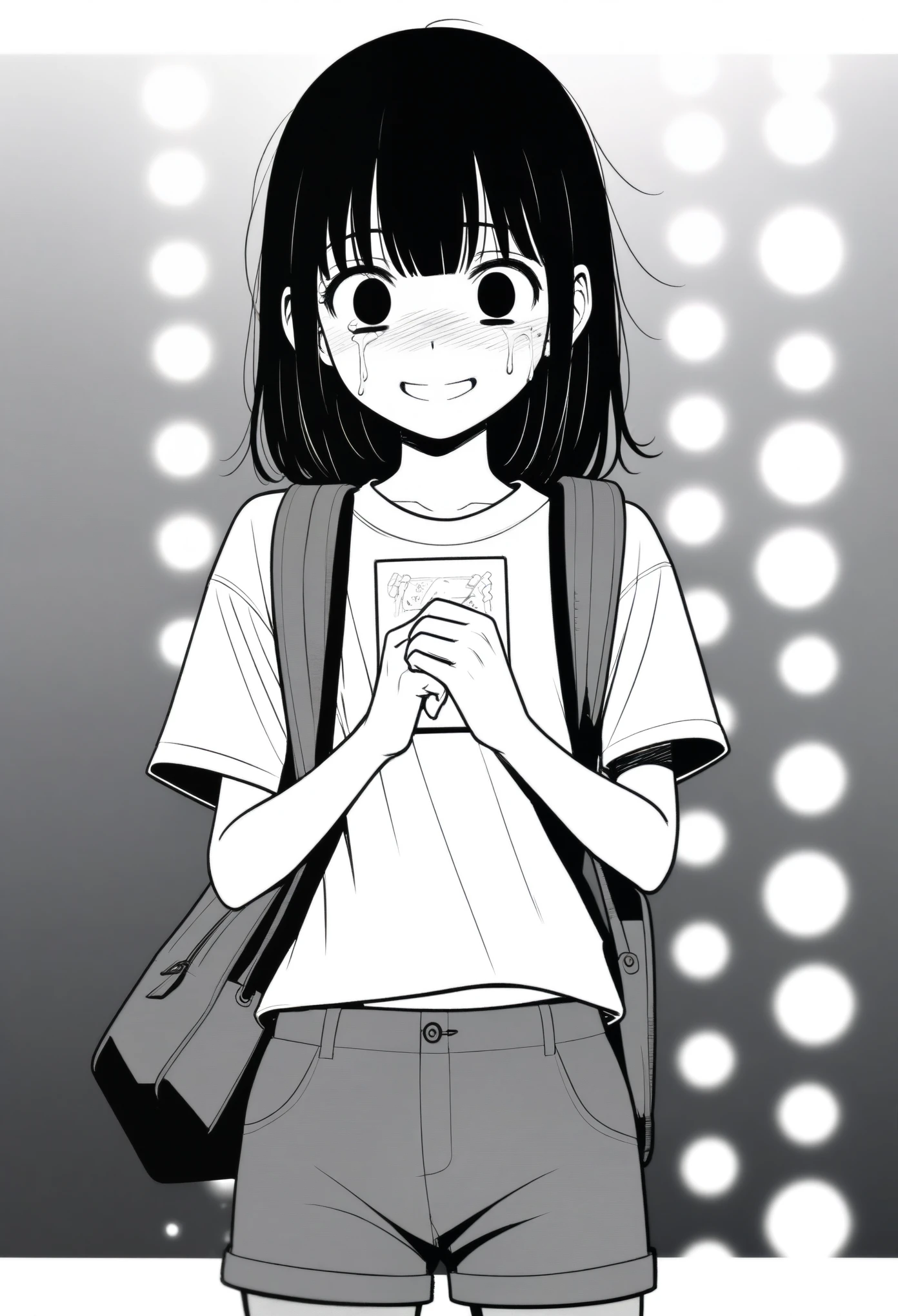 masterpiece, best quality, 1girl, mamerakkkkko, grayscale, manga style, japanese, chi no wadachi, black eyes, street, iced, black hair, schoolbag, smile, lineart, white background, white shirt, grey shorts, centered, 18 years old, tall, fair skinned, bokeh background, crying, tears, straight-on, tears streaming
