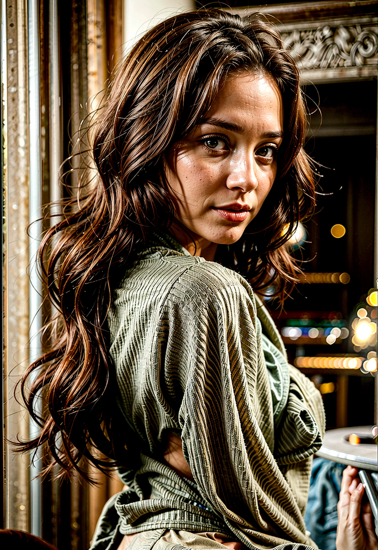 jolie jeune femme brune qui regarde devant soi avec de beaux yeux marrons d'origine italienne avec de longs cheveux bruns raides qui porte une jupe et un tailleur