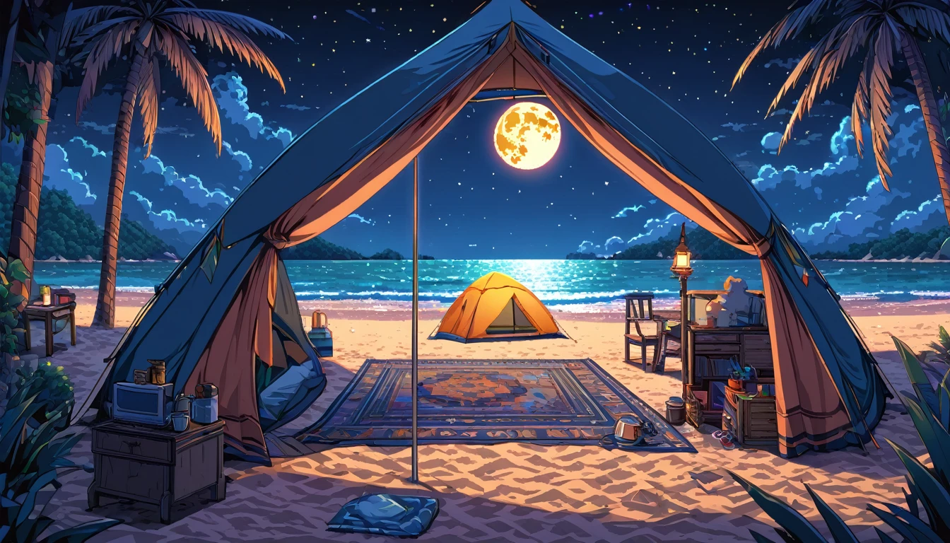 a lonely figure setting up a tent near a beach, star-filled and full moon night sky above, intricate pixelart style, HDR, 8k, high quality, detailed interior of the tent, relaxing color palette