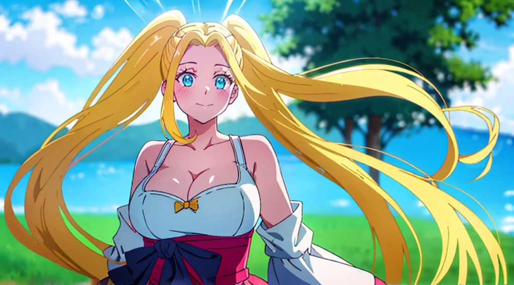 mksks style, masterpiece, best quality, long eyelashes, eyeliner, eyeshadow, mascara, colorful, pink lips, deep skin, looking at viewer, full body, , beatrix amerhauser , 1girl, , solo, long hair, blue ribbon, twintails, gloves, ribbon, rei no himo, large , blue eyes, blonde hair, looking at viewer, light smile, closed mouth, hair ribbon, bow, sleeveless, sleeveless dress, bangs, blush, cutout, hair ornament, very long hair, arm ribbon, shiny skin, outdoors, grassy fields, blue sky, cloudy sky, tight, taut dress, , upper body, pose, , shoulders, breastsout, off the shoulders, breastsout, no upper clothes, just , just