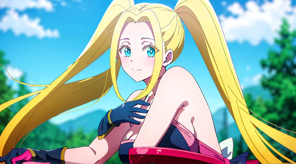 mksks style, masterpiece, best quality, long eyelashes, eyeliner, eyeshadow, mascara, colorful, pink lips, deep skin, looking at viewer, full body, curvy, beatrix amerhauser , 1girl, breasts, solo, long hair, blue ribbon, twintails, gloves, ribbon, rei no himo, large breasts, blue eyes, blonde hair, looking at viewer, light smile, closed mouth, hair ribbon, bow, sleeveless, sleeveless dress, bangs, blush, cleavage cutout, hair ornament, very long hair, arm ribbon, shiny skin, outdoors, grassy fields, blue sky, cloudy sky, tight, taut dress, breast focus, upper body, sexy pose, microbikini, bare shoulders, breastsout, off the shoulders, breastsout, no upper clothes, just bra, just microbikini