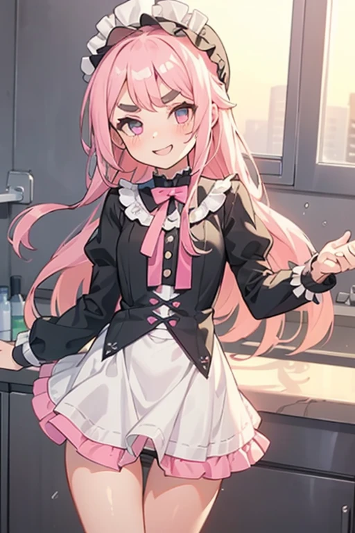 Girl with pink hair, long double-tailed hairstyle ((small pink bushy eyebrows)), lolicon, dressed in lolita dress, sunset lighting showing her body, very marked thigh gap, Thigh Gap, marked vagina, lifting her skirt to show her vagina wet with semen, thighs splashed with semen, with a flirtatious smile