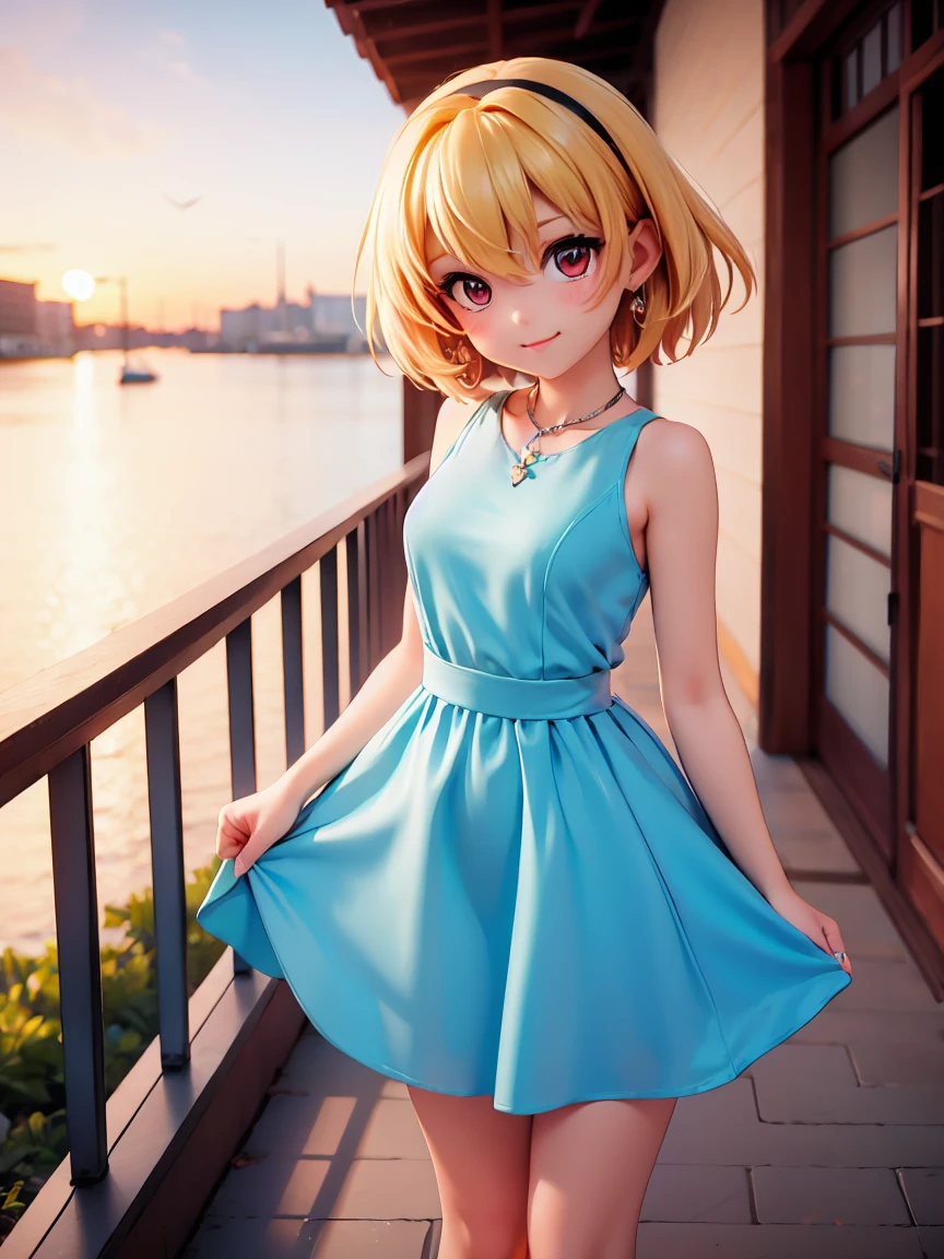 Satoko Hojo, One Girl, (blonde), Red eyes, short hair, hair band, Small breasts, alone, chibi, chibi figure, On the beautiful balcony of the palace、A woman in an evening dress is standing。The balcony offers a beautiful view..、Her gorgeous outfit stands out。