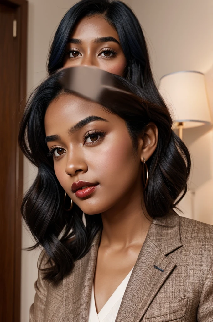 comic, girl, BROWN SKIN,Brown eyes,wide, blue black hair color, cherry lips, Natural blush, with formal suit