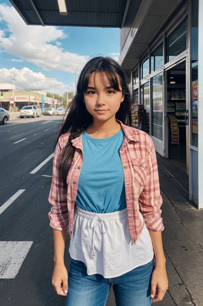 A girl standing in front of a supermarket on the road