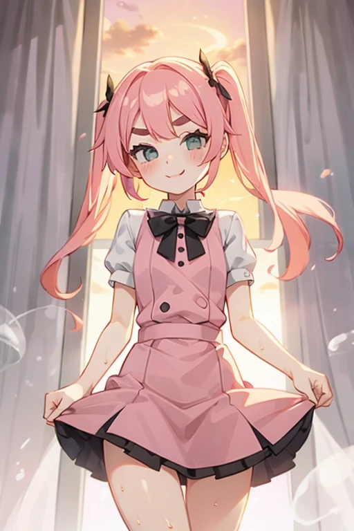 Girl with pink hair, long double-tailed hairstyle ((small pink bushy eyebrows)), lolicon, dressed in lolita dress, sunset lighting showing her body, very marked thigh gap, Thigh Gap, marked vagina, lifting her skirt to show her vagina wet with semen, thighs splashed with semen, with a flirtatious smile, 
sidedoggystyle