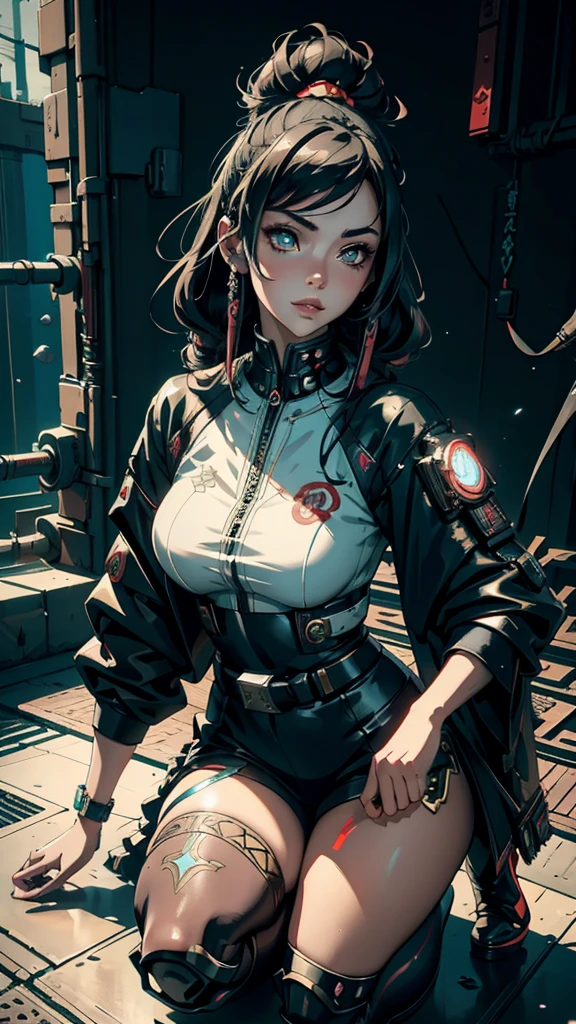 whole body, mechanic jumpsuit, (huge hammer), absurdres, RAW photo, extremely delicate and beautiful, masterpiece, Best Quality, ultra high resolution, 32k, hyperrealistic, ultra-detailed, detailed description, pale skin, 20 years old, detailed beautiful face and eyes, tearful mole, earring, Colossal tits, short medium hair, wavy hair,　
