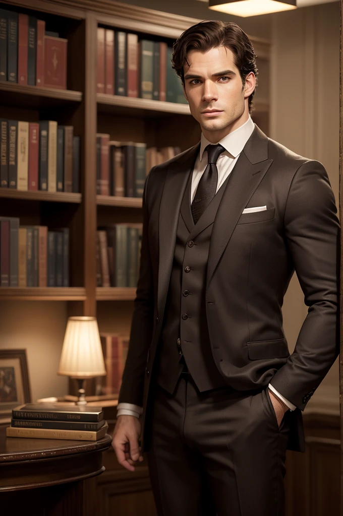 Generate a realistic, high-resolution portrait of Henry Cavill. He must appear as a distinguished gentleman in his 40s, with well-groomed brown hair, wearing a classic dark suit with tie and  showing his (make a perfect). The background should be a sophisticated study room, with warm lighting, bookshelves and antique decor."