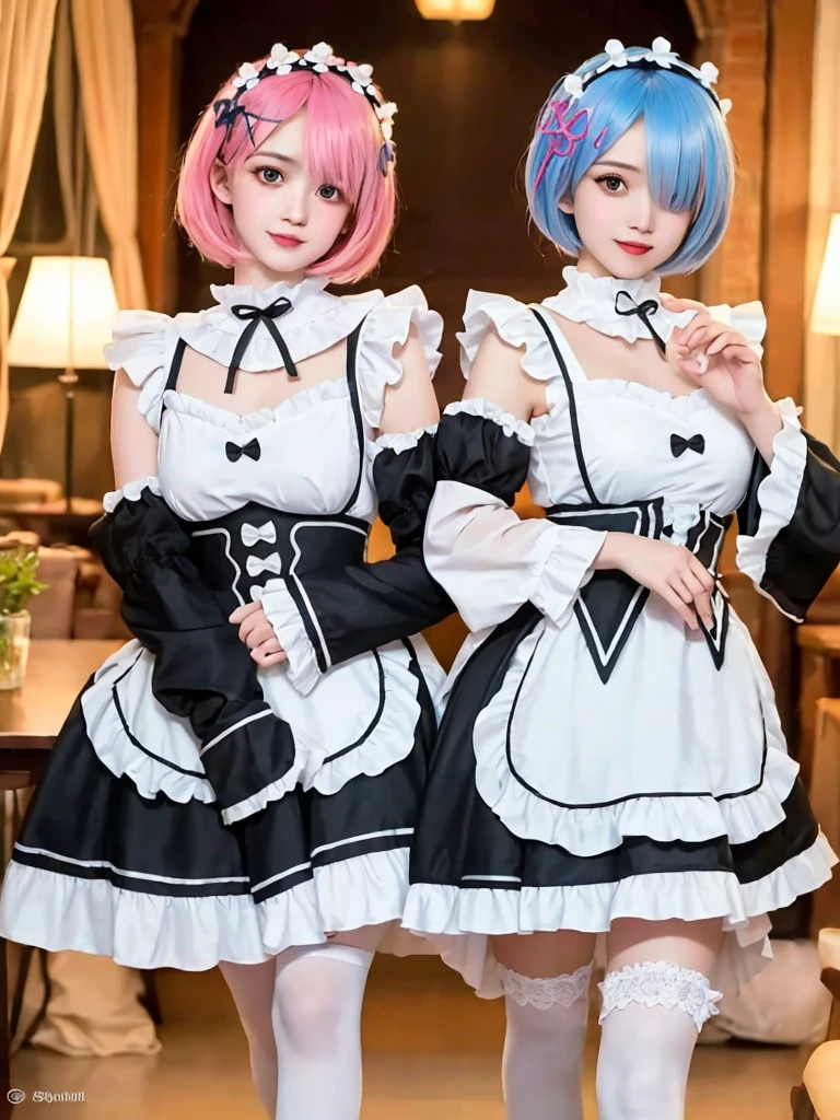 Accurate depiction with high resolution,(8K, Photorealistic, Raw photo, of the highest quality: 1.3), (1girl in), Super beautiful, (Realistic face), (boyish, pink Color Berry Shorthair), Beautiful , Glare that captivates the viewer, Beautiful expression, Beautiful breasts, (Realistic skin), Be...Create a detailed and colorful image of Ram and Rem from Re:Zero, standing back-to-back in their maid outfits, with a magical fantasy background、14years old, two girls,cute, perfect face, beautiful, nice body, gothic lolita clothes, gothic lolita fashion, frilly skirt, headdress, necklace, bracelet, knee-high socks, boots, double eyelids, tear bags, Detailed down to the fingers, photo-like description, indoors, dim indoor lighting, one girl is pink hair and short bob, another girl is light blue hair and short bob,standing,whole body, composition that shows the whole body, smiling,The Both of them are wearing the same type of maid outfit,Optimal ratio of 4 fingers and 1 thumb,walking