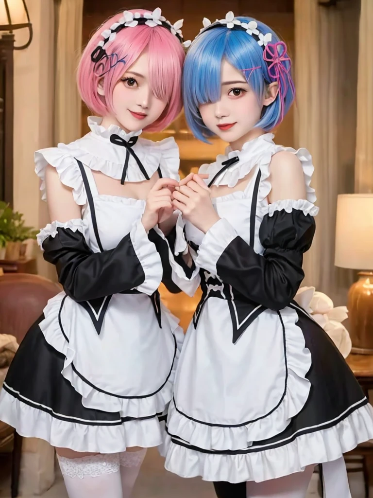 Accurate depiction with high resolution,(8K, Photorealistic, Raw photo, of the highest quality: 1.3), (1girl in), Super beautiful, (Realistic face), (boyish, pink Color Berry Shorthair), Beautiful , Glare that captivates the viewer, Beautiful expression, Beautiful ???????, (Realistic skin), Be...Create a detailed and colorful image of Ram and Rem from Re:Zero, standing back-to-back in their maid outfits, with a magical fantasy background、14years old, two girls,cute, perfect face, beautiful, nice body, gothic lolita clothes, gothic lolita fashion, frilly skirt, headdress, necklace, bracelet, knee-high socks, boots, double eyelids, tear bags, Detailed down to the fingers, photo-like description, indoors, dim indoor lighting, one girl is pink hair and short bob, another girl is light blue hair and short bob,standing,whole body, composition that shows the whole body, smiling,The Both of them are wearing the same type of maid outfit,Optimal ratio of 4 fingers and 1 thumb,walking