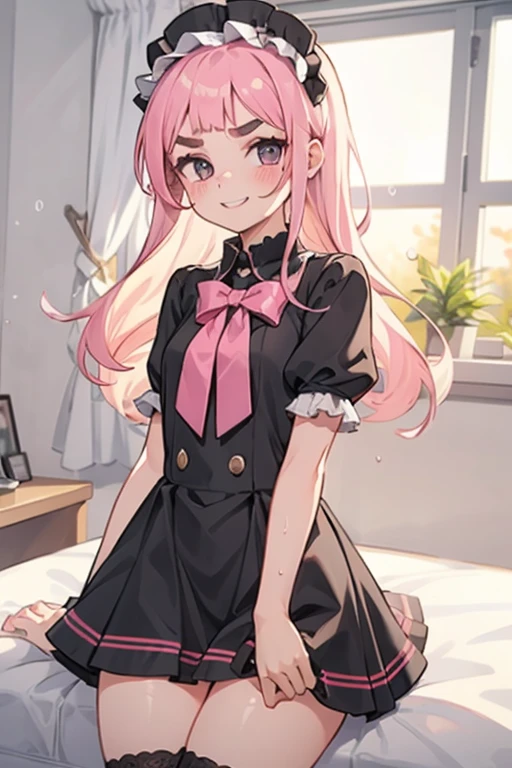 Girl with pink hair, long double-tailed hairstyle ((small pink bushy eyebrows)), lolicon, dressed in lolita dress, sunset lighting showing her body, very marked thigh gap, Thigh Gap, marked vagina, lifting her skirt to show her vagina wet with semen, thighs splashed with semen, with a flirtatious smile,
sidedoggystyle