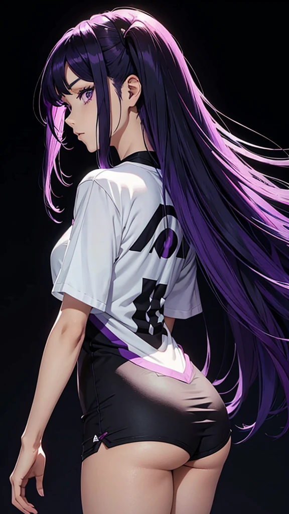 Anime woman from the back with straight hair and purple locks looking sideways in profile with purple eyes and a black lirada type t-shirt , in the best quality on black background 