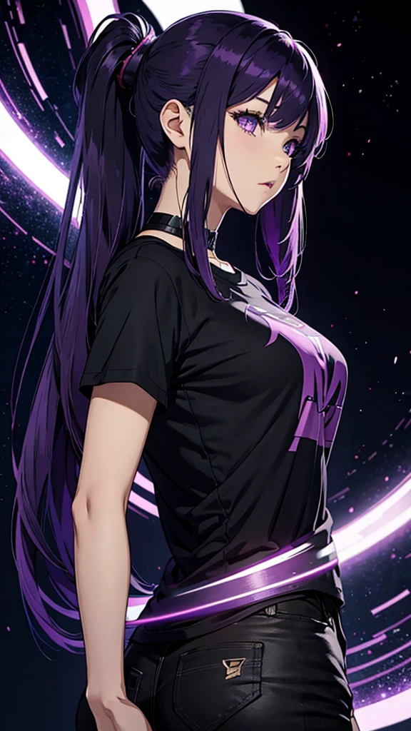 Anime woman from the back with straight hair and purple locks looking sideways in profile with purple eyes and a black lirada type t-shirt , in the best quality on black background 