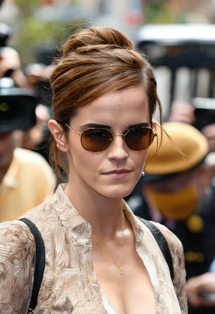  high quality  Erotic paparazzi photograph  of  Emma Watson  , (emxwtsn,long brown hair, long brown hair pulled back, hair bun ) , random erotic photograph , she is wearing a sweaty blouse, mini blouse, warm environment , bright sun,seductive, tired woman , fit muscular woman  ,  depth of field, insanely detailed skin texture, hyper detailed features 