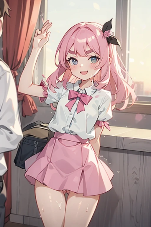 Girl with pink hair, long double-tailed hairstyle ((small pink bushy eyebrows)), con, dressed in loliress, sunset lighting showing her body, very marked thigh gap, Thigh Gap, marked vagina, lifting her skirt to show her vagina wet with semen, thighs splashed with semen, with a flirtatious smile, 
side doggystyle sex