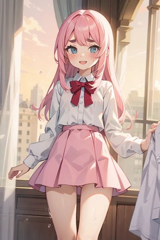 Girl with pink hair, long double-tailed hairstyle ((small pink bushy eyebrows)), con, dressed in loliress, sunset lighting showing her body, very marked thigh gap, Thigh Gap, marked vagina, lifting her skirt to show her vagina wet with semen, thighs splashed with semen, with a flirtatious smile,
side doggystyle sex