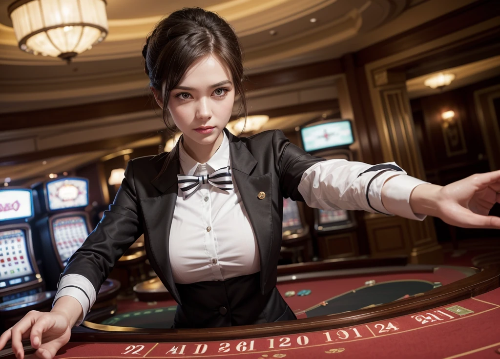 Draw a realistic young woman dressed as a croupier, wearing an elegant and well-fitted uniform. She should have her arms open in a welcoming gesture. In front of her, place a visible and detailed casino roulette wheel. The environment should evoke the sophisticated atmosphere of a luxury casino.
