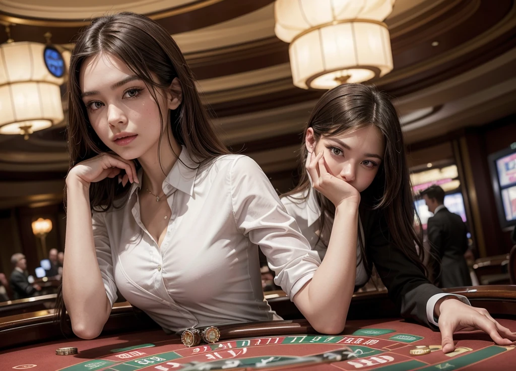 Draw a realistic young woman dressed as a croupier, wearing an elegant and well-fitted uniform. She should have her arms open in a welcoming gesture. In front of her, place a visible and detailed casino roulette wheel. The environment should evoke the sophisticated atmosphere of a luxury casino.