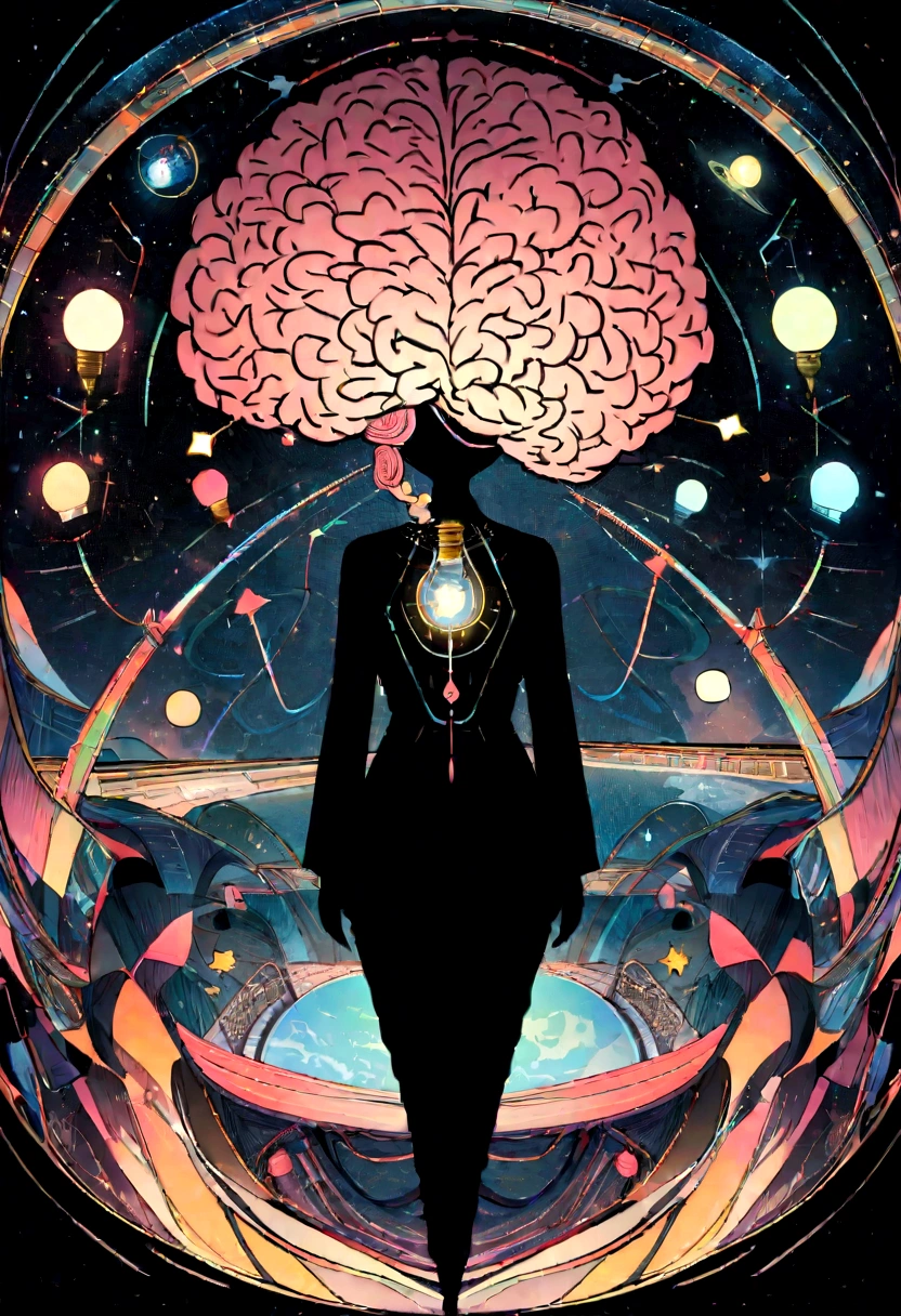 Silhouette or image of a brain with a bright dot in the center representing cognition or insight, a line leaving the brain and connecting to a plane, complemented by elements that symbolize knowledge and learning, like books or a light bulb, planet, Uma viajem pelo planet mente
