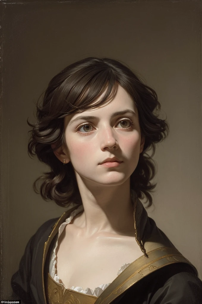 The portrait genre was extensively worked on by Jacques-Louis David and characterized realism, due to the compositional balance and the use of dark backgrounds to delineate the portrayed figure Based on the aesthetics of David's works, create an inspired portrait