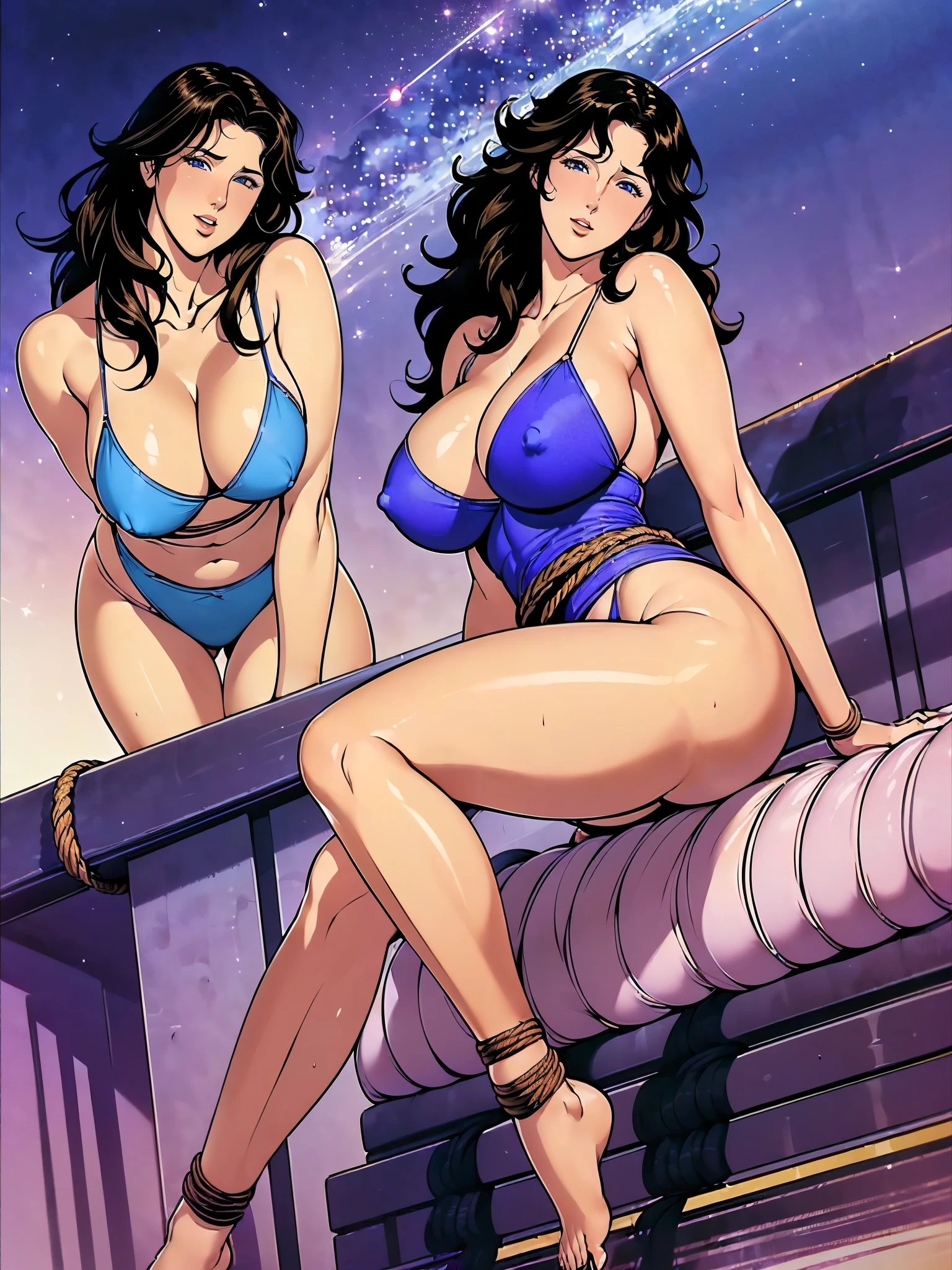 (masterpiece:1.2, Highest quality,Highest quality),(Very detailed),8K,wallpaper,Studio Lighting,Ultra-fine painting,Narrow your focus,Physically Based Rendering,1 female,Beautiful Skin,Shiny skin,Beautiful Hands,Detailed hand drawing,(Shiny costumes),(Wearing a belt around his waist),Sensual,(Hair blowing in the wind),((Night sky and shooting stars)),(((RuiKisugi,1 Female, Long Hair,Wavy Hair,Black Hair,eyelash,blue eyes,lipstick, ,(((Better Hands))),Big Hips,Thick thighs,(Long legs:1.2),Cleavage,Mature Woman, Hip Up,Abdominal muscles,((Large Breasts:1.4))、Tight waist,Voluptuous body line,Beautiful legs,Beautiful feet,Long legs,Photograph the whole body,Beautiful feet,Long legs,Thighs open,Nipples visible,The areola is protruding,Voluminous lower body,Thick thighs,Big Ass, 大きなSexy ass, Perfect Body Proportions, Slim waist, Full body photography, 赤いlipstick, Sitting on sofa with legs spread,Black Micro Bikini、(Rope Bondage:1.2),((Put your arms behind your back)),Tied up woman,Tied up with rope, Tightly bound, Hands tied, Her body was tied with ropes,Length 180cm,Small face,(Fully expose your thighs to the viewer:1.6),((Amazing orgasm)),Angle from below,(Low angle shot:1.1), sweating, Soft thighs, Shiny thighs, Beautiful Hands, Full body photography, セクシーなBeautiful feet, Pay attention to her beautiful legs, 魅力的なBeautiful feet, Sexy ass, Cleavage,Open the chest,