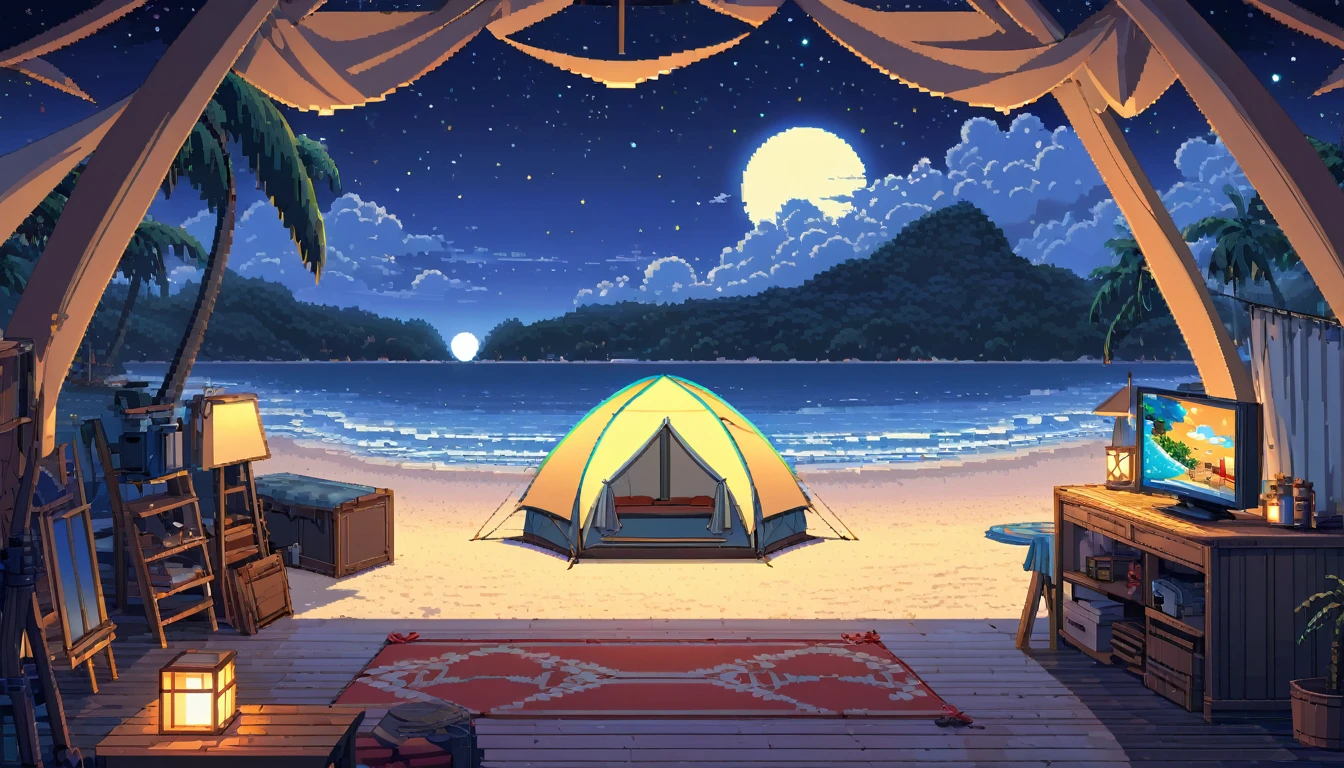 a lonely figure setting up a tent near a beach, star-filled and full moon night sky above, intricate pixelart style, HDR, 8k, high quality, detailed interior of the tent, relaxing color palette, single tent, far shot camera.