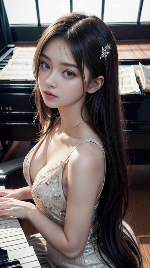 ((Beautiful girl playing piano in the living room, Practicing the piano)), super detailed piano, From above, Mysterious Space, clear々A nice morning, Living room of the mansion, Foliage plant, Window, (, Baby Face:1.r楚な黒ドレス), (Beautiful breasts, Fascinating Cleavage:1.2), Small beautiful butt, (((Chest flickering:1.3))), ((Detailed eyes and face, Professional photography techniques, Cinema Lighting)), ((Detailed hands, The pianist's beautiful hands)), (Highest quality, 8K, masterpiece:1.2, RAW Photos), Short Hair, (Perfect Anatomy:1.3), (View the viewer)