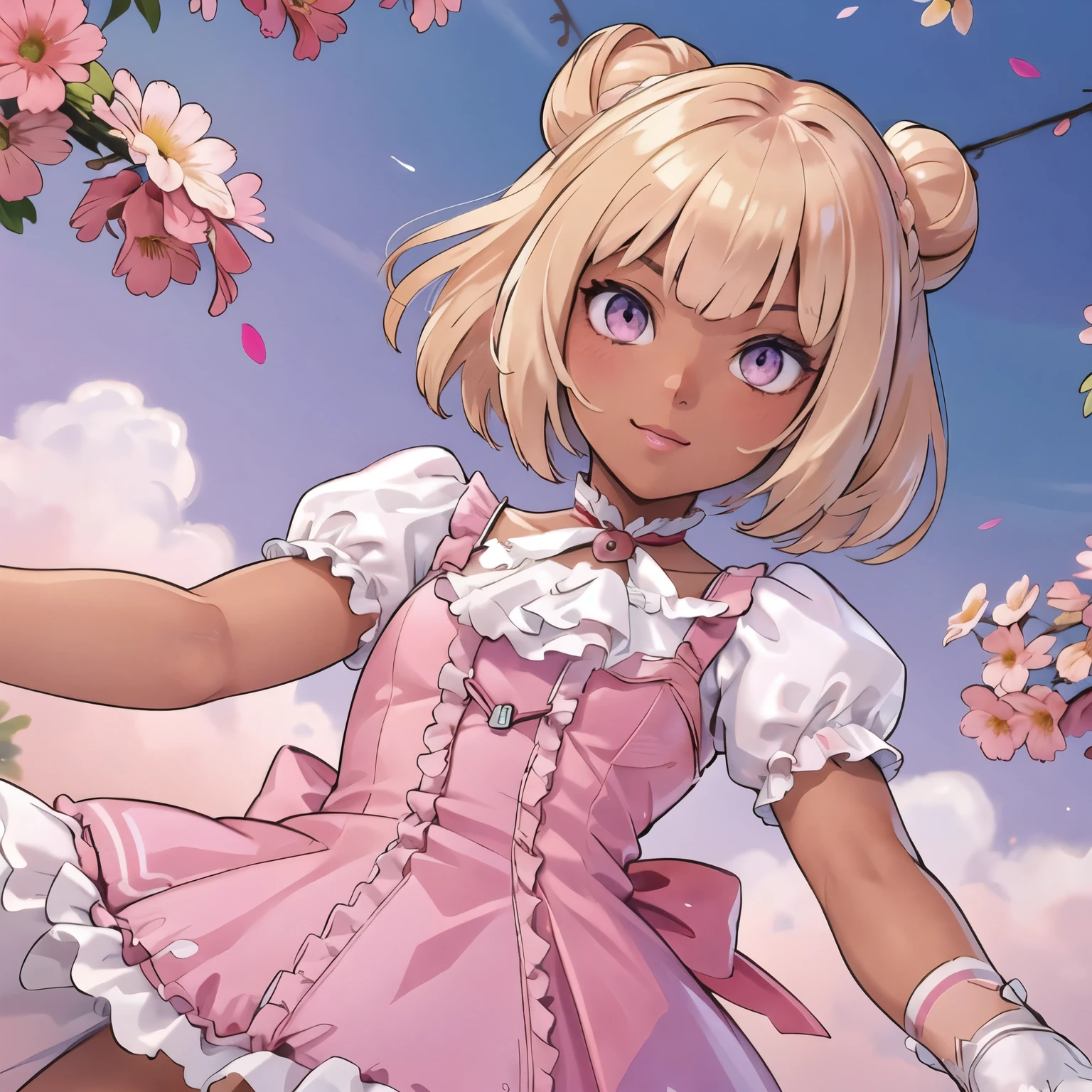 4k, high quality, colorful, super detailed eyes and face, 1girl, (dark skin:1.1), hair with buns, short hair, pinked-blonde hair, looking at viewer, emilie_t8, pink frilled dress, frilled ascot, fingerless gloves, action pose, looking at viewer, upper body, sky, flowers,