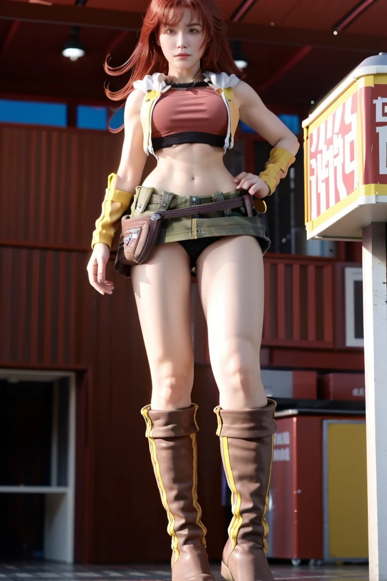 redhaired girl as a superheroine, straight redhaired, bangs, skirt,  super powerful, pink eyes, midriff, riding boots, white socks, toned arms, toned abs, tall and sexy, powerful, superb face, perfect body, tall, happy, smug, large chest, choker collar, 20yo, toned abs, evil smirk, 20yo, gts, giantess, stompinh