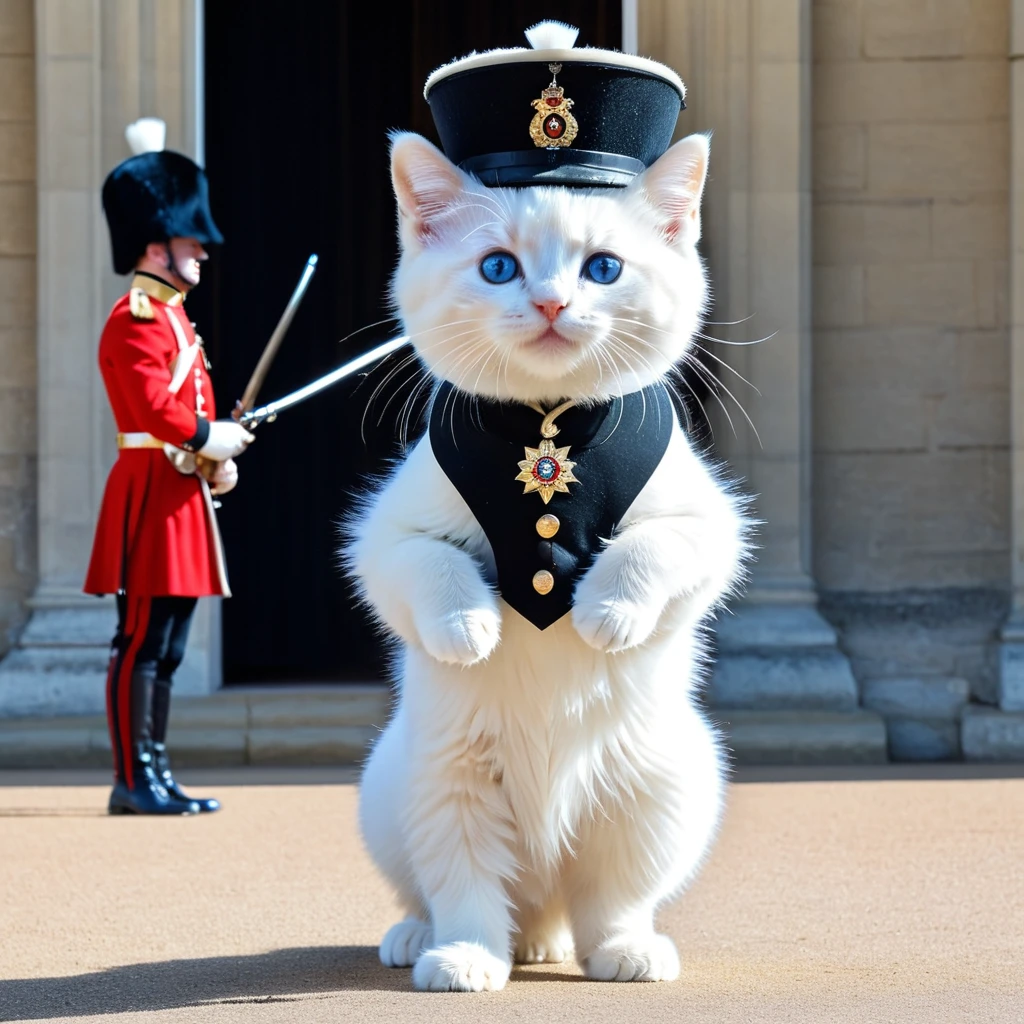 C4tt4stic,A human-like animal character walks on two legs, wears clothing and has a human-like posture,The animal is a white furry kitten with human-like limbs and blue eyes and is surrounded by countless particles of light, each of which shines brightly,A ceremonial guard in a red uniform and black bearskin hat stands in front of a historic building,The guard is inside a small guardhouse building with a curved top,The building has stone walls and a window in the background,The guard stands upright with his rifle slung over his shoulder, displaying a formal and disciplined posture,The scene resembles the changing of the guard ceremony at Buckingham Palace in London