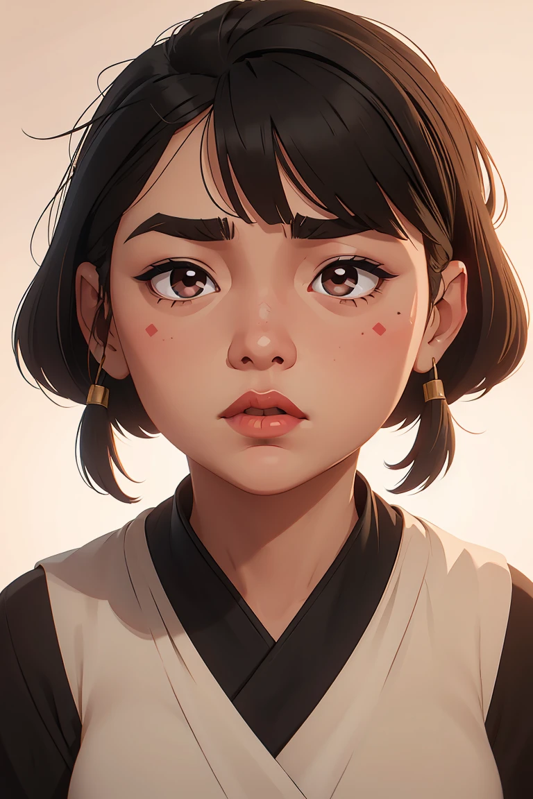 slightly chubby girl, short black hair, bangs, rounder face, droopy nose tip, small round red lips, round cheeks, intense dark round asian eyes, beauty spot above eyes