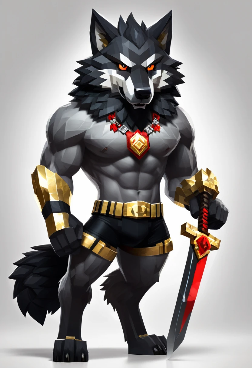 A muscular Minecraft wolf wearing a red pet collar with a gold tag and a wolf paw symbol, dressed in black underwear, holding a diamond sword, covered in fur