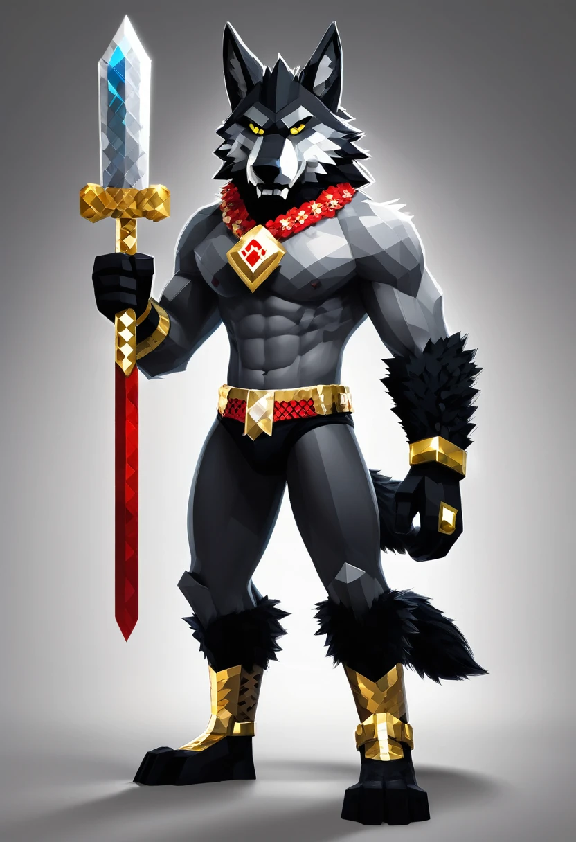 A muscular Minecraft wolf wearing a red pet collar with a gold tag and a wolf paw symbol, dressed in black underwear, holding a diamond sword, covered in fur