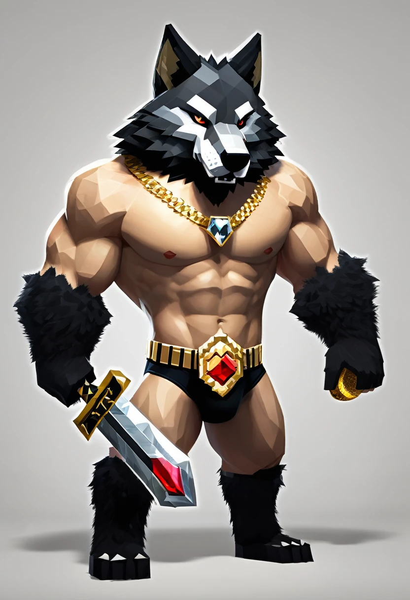 A muscular Minecraft wolf wearing a red pet collar with a gold tag and a wolf paw symbol, dressed in black underwear, holding a diamond sword, covered in fur