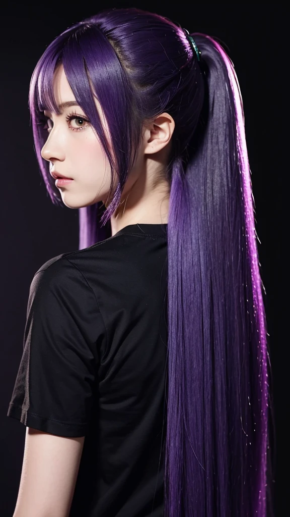 Anime woman from the back with straight hair and purple locks looking sideways in profile with purple eyes and a black t-shirt without a design , in the best quality on black background