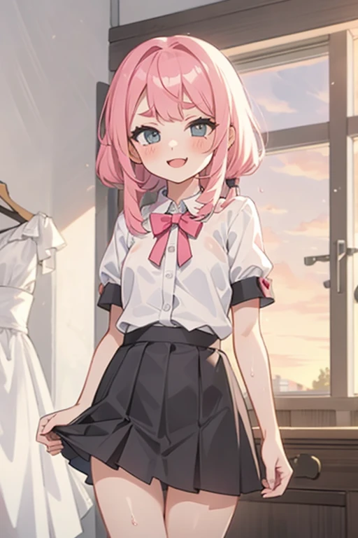 Girl with pink hair, long double-tailed hairstyle ((small pink bushy eyebrows)), lolicon, dressed in lolita dress, sunset lighting showing her body, very marked thigh gap, Thigh Gap, marked vagina, lifting her skirt to show her vagina wet with semen, thighs splashed with semen, with a flirtatious smile,
side doggystyle sex, 1 boy 1 girl