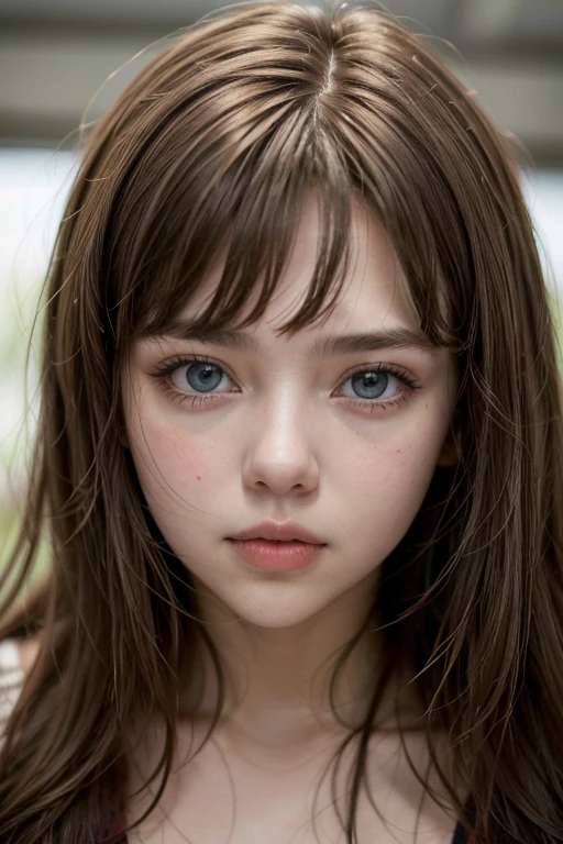 20 year old woman similar to scarlett Johannson, looking straight at the camera, with bangs, light brown eyes