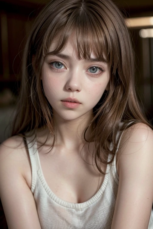a woman similar to Scarlett Johansson, with bangs, DNI photo from ,looking forward , 20 years old