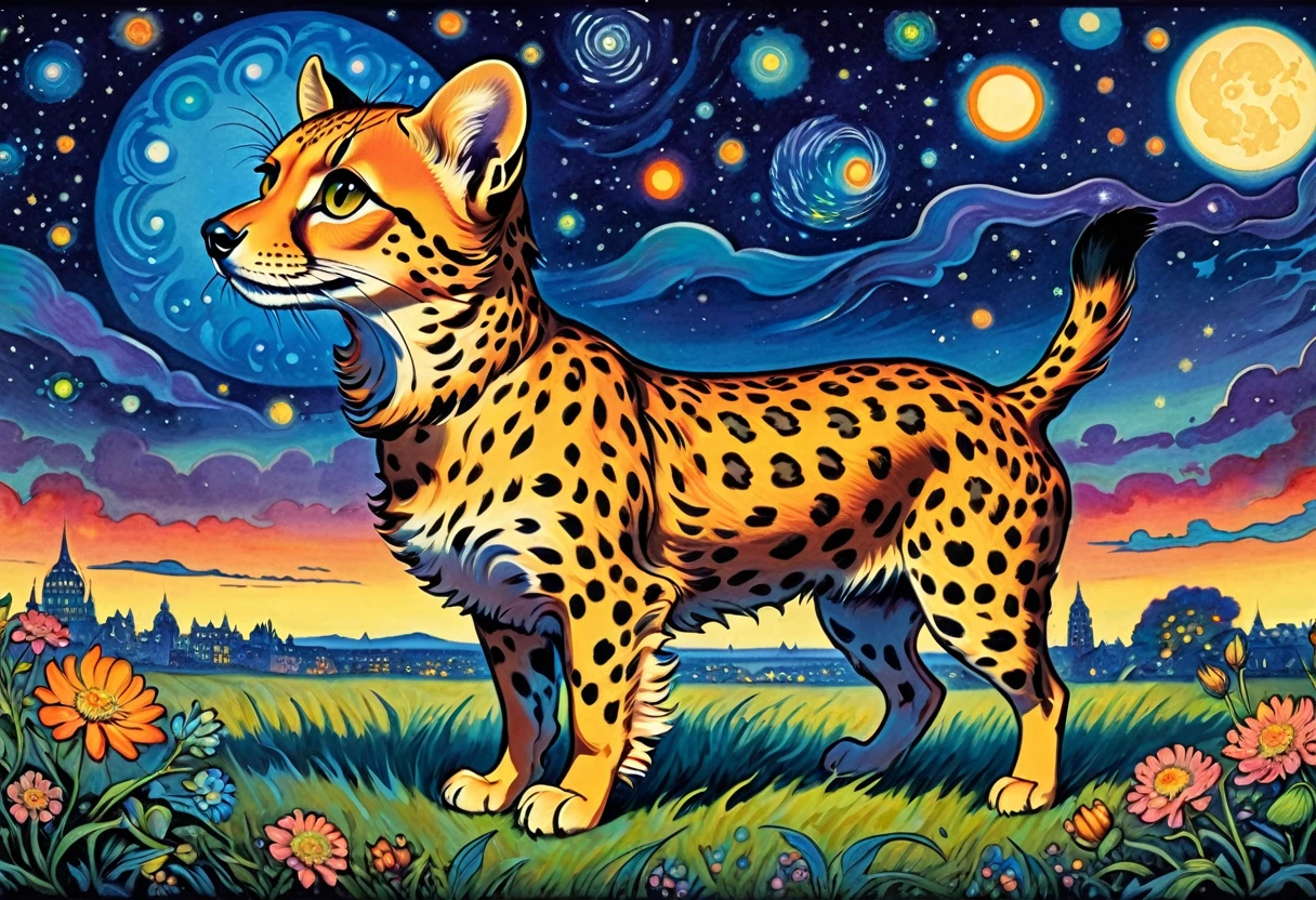 cheetah:1.2 (art by louis wain): psychedelic prints,dachshund under the night sky, ((illustration by louis wain)),
(extreme detail), ((best quality)), ((masterpiece)), ((realistic)), (perfect) , 8k,, 8k, —q 4 —s 750