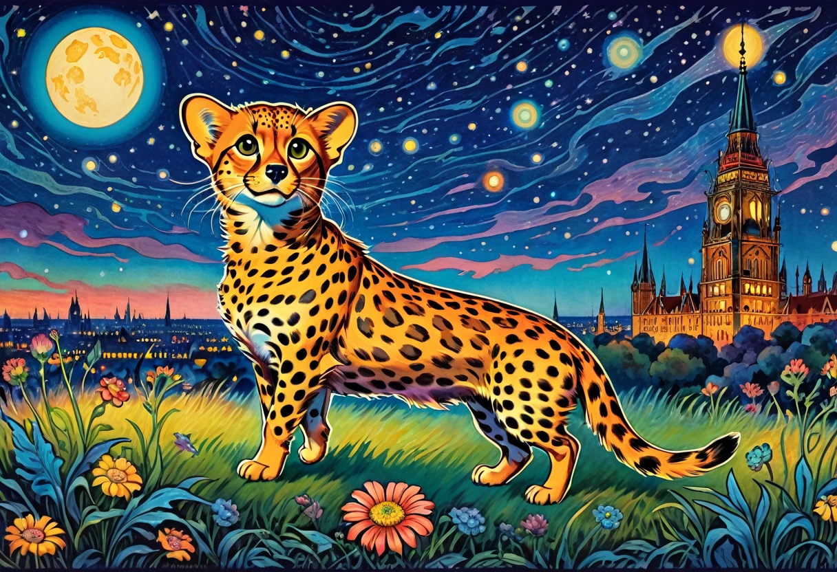 cheetah:1.2 (art by louis wain): psychedelic prints,dachshund under the night sky, ((illustration by louis wain)),
(extreme detail), ((best quality)), ((masterpiece)), ((realistic)), (perfect) , 8k,, 8k, —q 4 —s 750