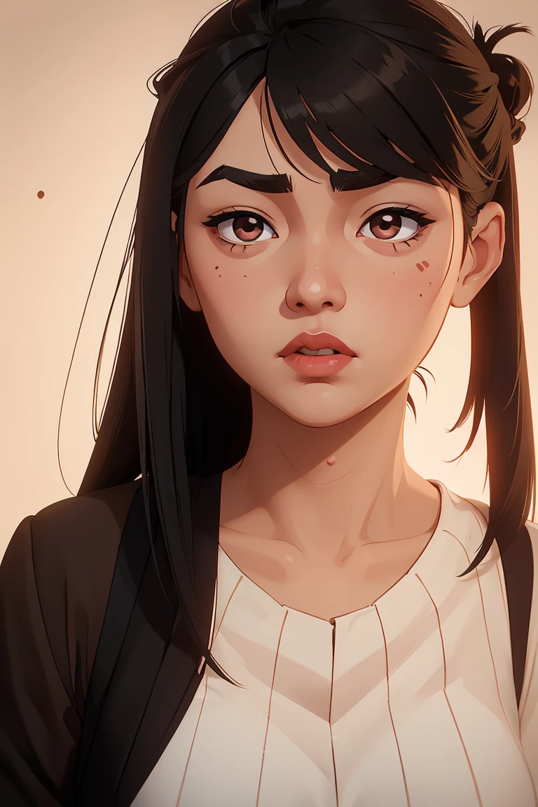slightly chubby girl, medium long black hair, bangs, rounder face, droopy nose tip, small round red lips, round cheeks, intense dark round asian eyes, beauty spot above eyes